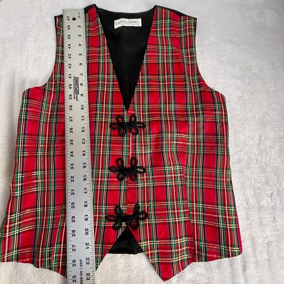 Christina James Women's V-Neck Plaid Vest Red Black Frog Button Holiday Tie-Back - Picture 7 of 7